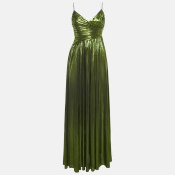 Pre Owned Retrofête Metallic Green Lamé V-Neck Draped Doss Maxi Dress XS