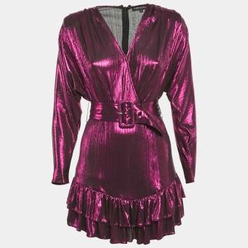 Pre Owned Retrofete Pink Lamé Belted Ruffle Detail Mini Dress S