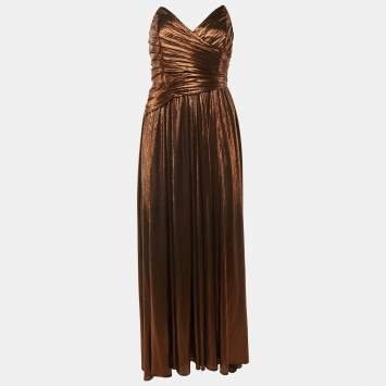 Pre Owned Retrofete Metallic Brown Lame Waldorf Strapless Dress S