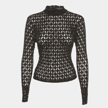 مملوكة مسبقًا Retrofete Black Beaded Mesh High Neck Top XS