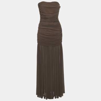 Pre Owned Retrofete Brown Stretch Mesh Ruche Adele Dress M
