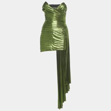 Pre Owned Retrofete Green Lamé Pleated Draped Waist Daniele Dress XS