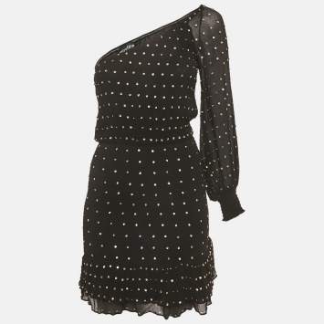 مملوكة مسبقًا Retrofete Black Sequin Embellished Silk One Shoulder Mini Dress XS