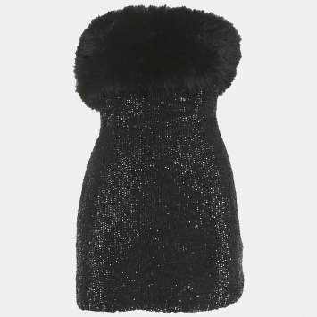 Pre Owned فسستان قصير بدون حمالات بتفاصيل فرو اصطناعي مرصع بالترتر ريتروفتي مقاس صغير جداً