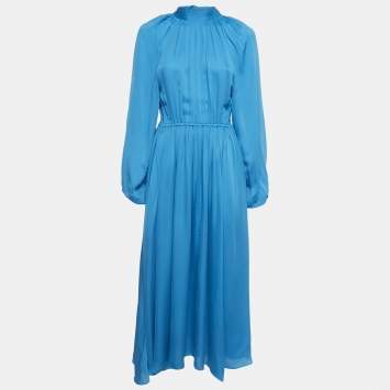 Pre Owned Rhode Blue Crepe Mock Neck Tie Up Midi Dress S