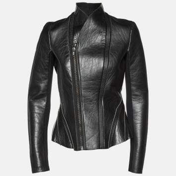Pre Owned Rick Owens Black Leather Zip-Up Knit Paneled Biker Jacket M