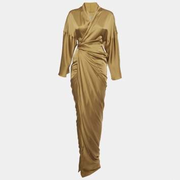 Pre Owned Rick Owens Honey Brown Satin Long Wrap Dress M