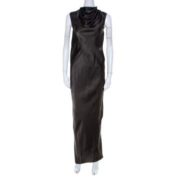 Pre Owned Rick Owens Dark Dust Grey Draped Satin Sleeveless Maxi Dress S