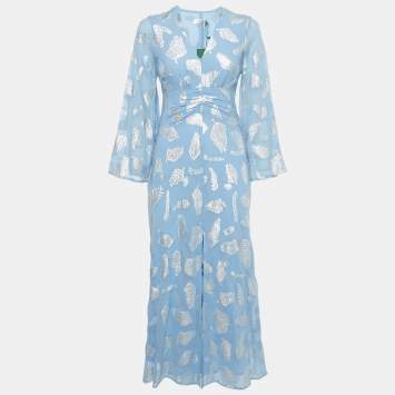 Pre Owned Rixo Simone Blue Lurex Brocade Crepe V-Neck Long Dress XXS