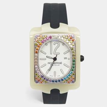 Pre Owned Robergé White Acetate Stainless Steel Rubber Colored Crystals Altair Women's Wristwatch 34 mm