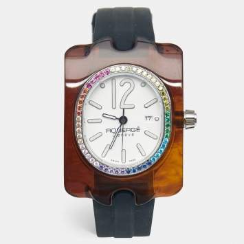 Pre Owned Robergé White Acetate Stainless Steel Rubber Colored Crystals Altair Women's Wristwatch 34 mm