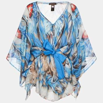 Pre Owned Roberto Cavalli Beachwear Blue Printed Cotton & Silk Kaftan L/XL