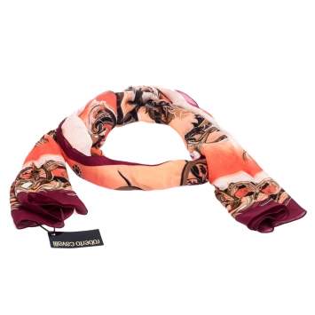 Pre Owned Roberto Cavalli Coral Pink Floral Print Silk Scarf
