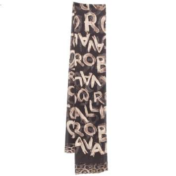 Pre Owned Roberto Cavalli Brown Graffiti logo Print Silk Scarf