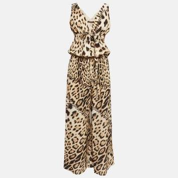 Pre Owned Roberto Cavalli Brown Leopard Print Silk Jumpsuit M