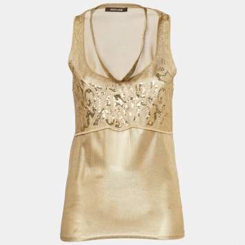 Pre Owned Roberto Cavalli Gold Knit Sequin Embellished Sleeveless Top M