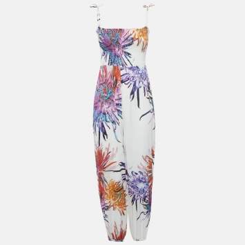 Pre Owned Roberto Cavalli White Floral Print Cotton Smock Detail Jumpsuit S