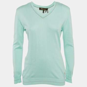 Pre Owned Roberto Cavalli Blue Cotton V-Neck Long Sleeve Sweater XXL