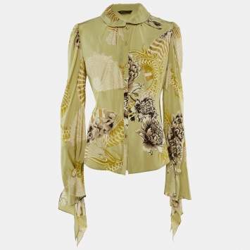 Roberto Cavalli Green Silk Button Front Shirt L