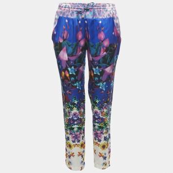 Pre Owned بنطلون روبرتو كافالي ساتان بطبعة زهور زرقاء مقاس كبير - كبير