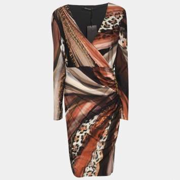 Pre Owned Roberto Cavalli Multicolor Animal Print Stretch Crepe Piercing Draped Midi Dress L