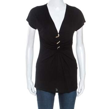 Pre Owned Roberto Cavalli Black Knit Serpent Brooch Detail Short Sleeve Top S
