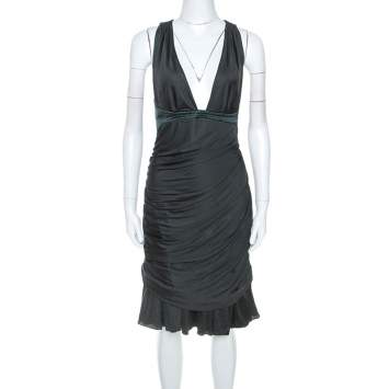 Pre Owned Roberto Cavalli  Dark Green Stretch Knit Flared Bottom Draped Midi Dress L