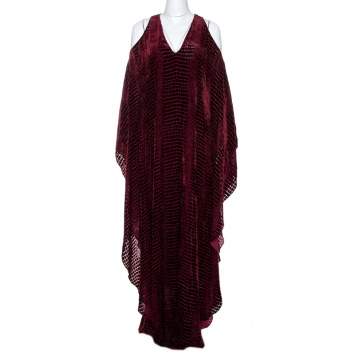 Pre Owned Roberto Cavalli Burgundy Devore Velvet Cold Shoulder Kaftan S