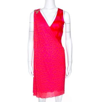 Pre Owned Roberto Cavalli Pink Printed Jersey Serpent Brooch Detail Shift Dress M