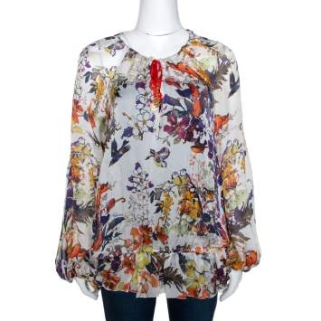 Pre Owned Roberto Cavalli Multicolor Bird Print Silk Sheer Kaftan Top L