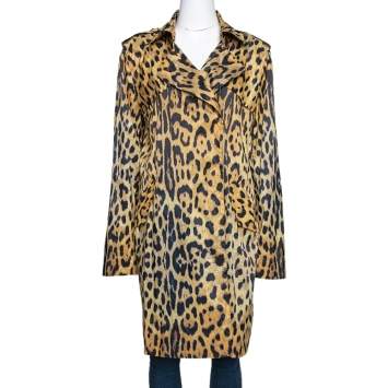 Pre Owned Roberto Cavalli Yellow Animal Print Synthetic Trench Coat L