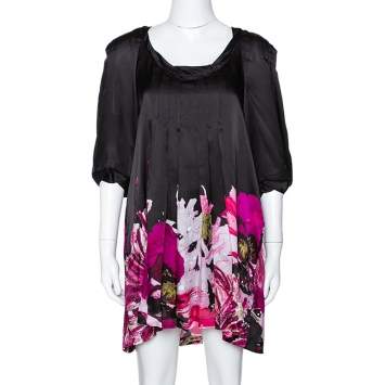 Pre Owned Roberto Cavalli Black & Fuschia Floral Printed Silk Pleated Mini Dress M