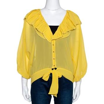 Pre Owned Roberto Cavalli Yellow Georgette Pleated Neckline Blouse L