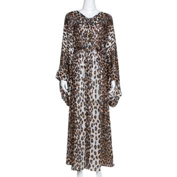 Pre Owned Roberto Cavalli Brown & White Animal Print Silk Maxi Dress M