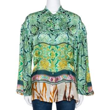 مملوكة مسبقًا Roberto Cavalli Green Floral Paisley Printed Silk Blouse M 