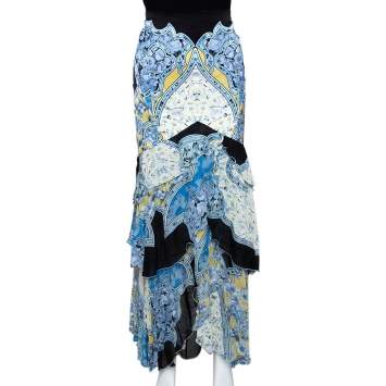 Pre Owned Roberto Cavalli Blue Floral Printed Silk Tiered Maxi Skirt L 