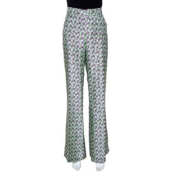 Pre Owned Roberto Cavalli Pastel Green Floral Printed Silk Wide Leg Trousers L 