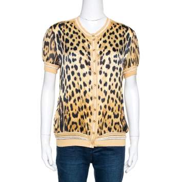 Pre Owned Roberto Cavalli Yellow Leopard Print Silk & Knit Cardigan L