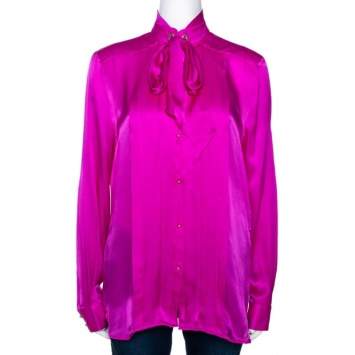 Pre Owned Roberto Cavalli Fuschia Pink Silk Satin Bow Detail Blouse M