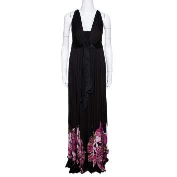 Pre Owned Roberto Cavalli Black Floral Printed Jersey Bead Embellished Maxi Dress M