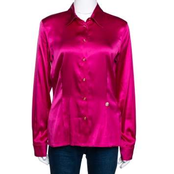 Pre Owned Roberto Cavalli Pink Stretch Silk Button Front Shirt L 
