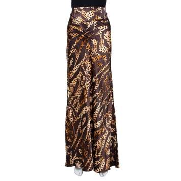 Pre Owned Roberto Cavalli Brown Animal Print Silk Satin Maxi Skirt L