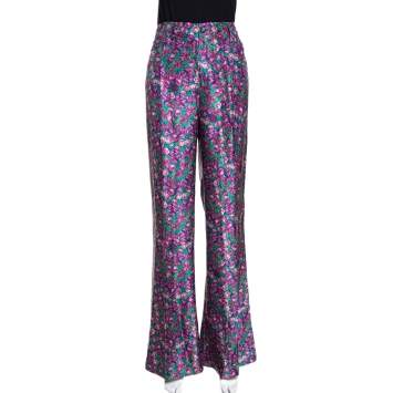 Pre Owned Roberto Cavalli Pink Floral Print Silk Wide Leg Pants L