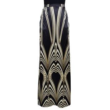 Pre Owned Roberto Cavalli Black Optical Print Silk Satin Maxi Skirt L