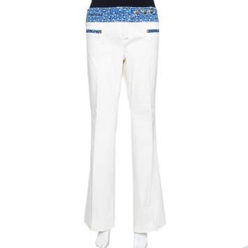 Pre Owned Roberto Cavalli White Denim Printed Trim Flared Jeans L