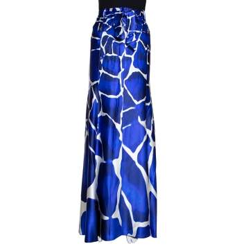 Pre Owned Roberto Cavalli Blue Gaia Printed Silk Flared Maxi Skirt L 