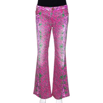 Pre Owned Roberto Cavalli Pink Floral Print Cotton Flared Jeans L