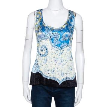 Pre Owned Roberto Cavalli Blue Abstract Printed Semi Plisse Silk Sleeveless Top L