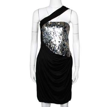 Pre Owned Roberto Cavalli Black Knit Sequined & Draped One Shoulder Dress M
