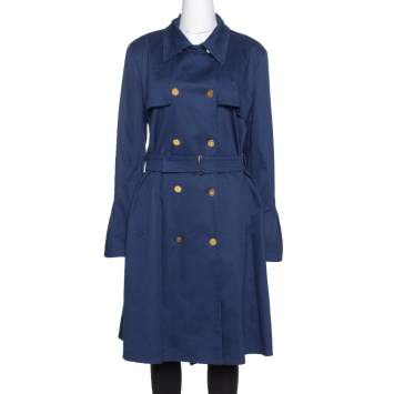 Pre Owned Roberto Cavalli Midnight Blue Cotton Double Breasted Belted Coat L